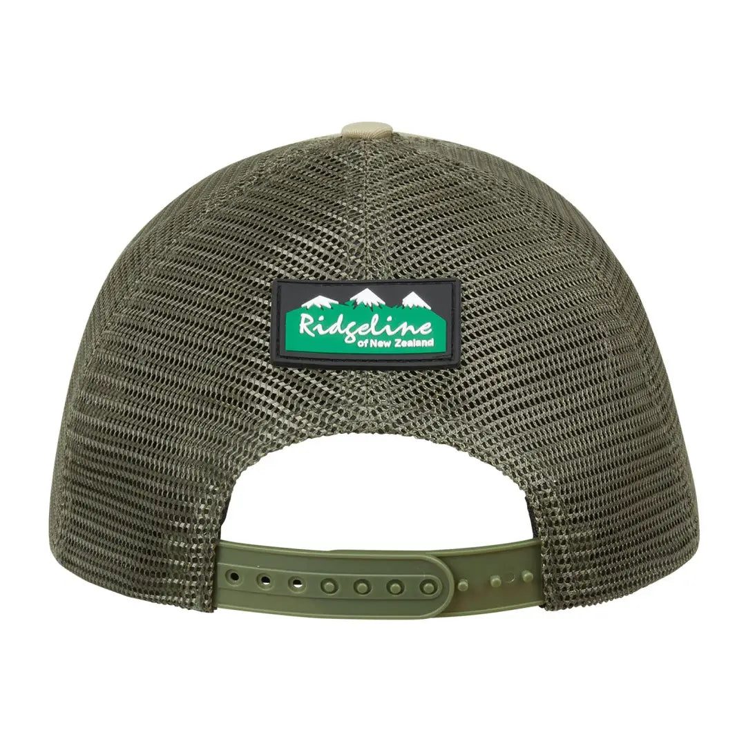 Olive green RLNZ Trucker Cap with mesh-back and Ridgeline logo patch for casual style