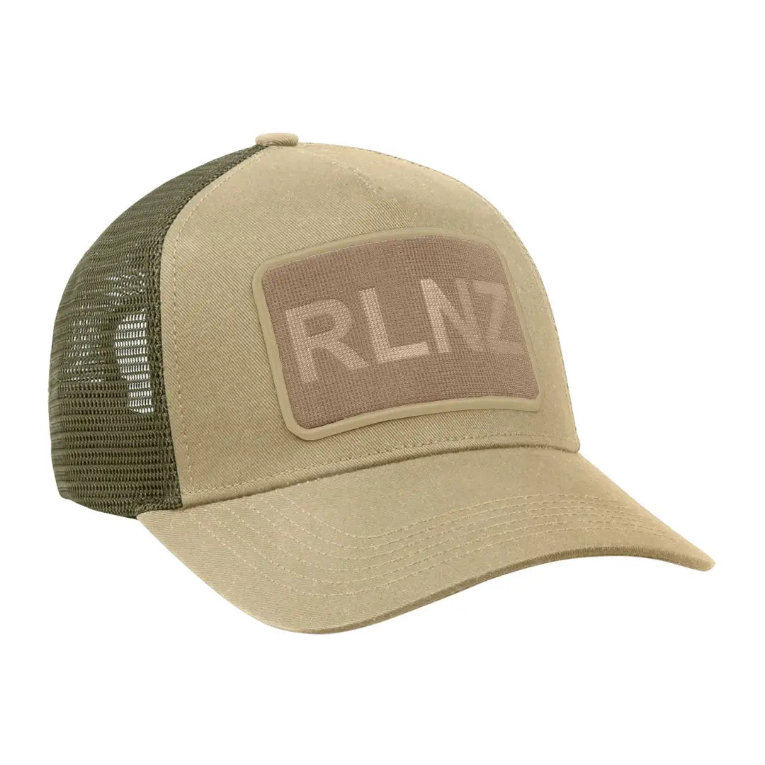 Tan and olive green RLNZ Trucker Cap with RLN2 patch for stylish outdoor adventures