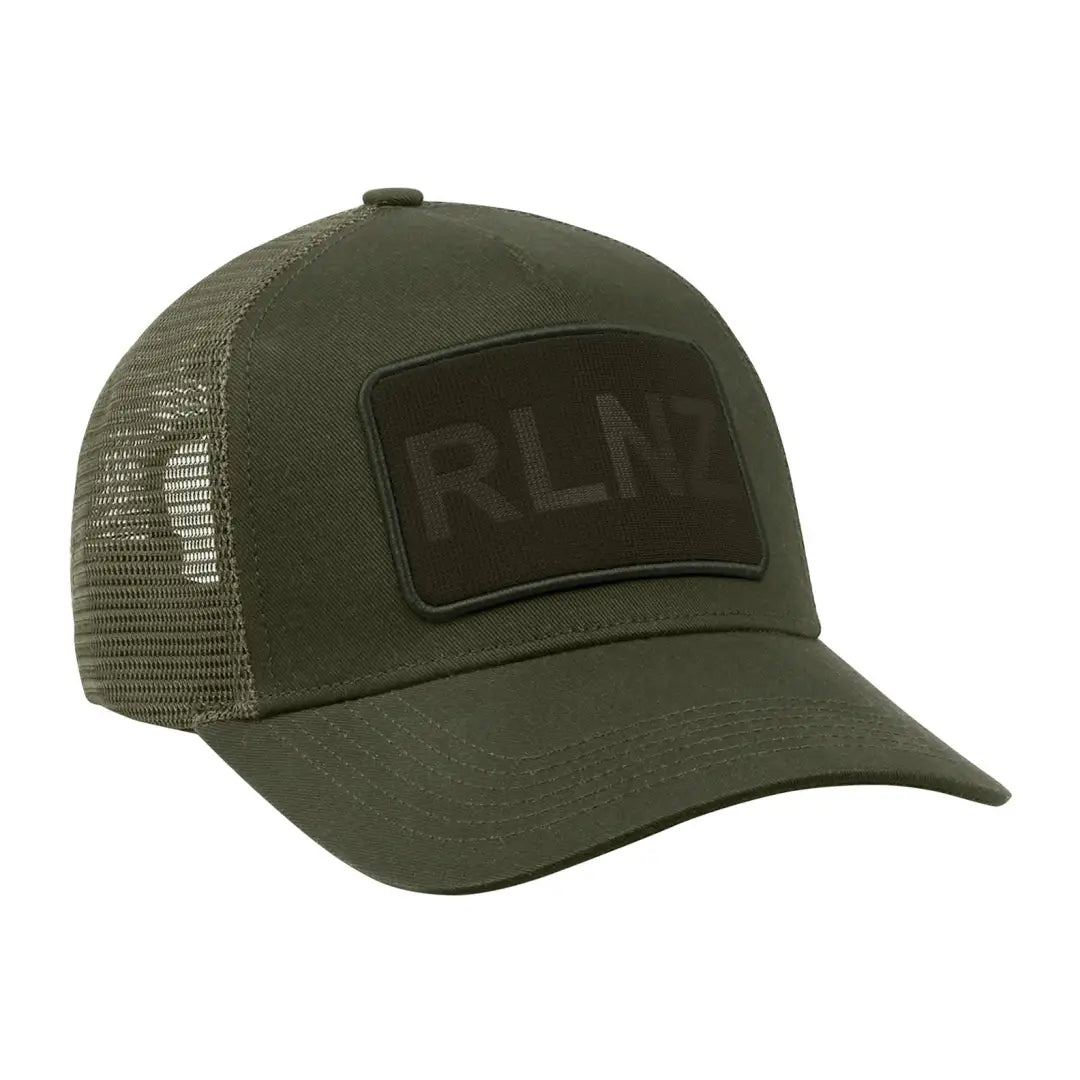 Olive green RLNZ trucker cap with RUN patch for a stylish, laid-back vibe