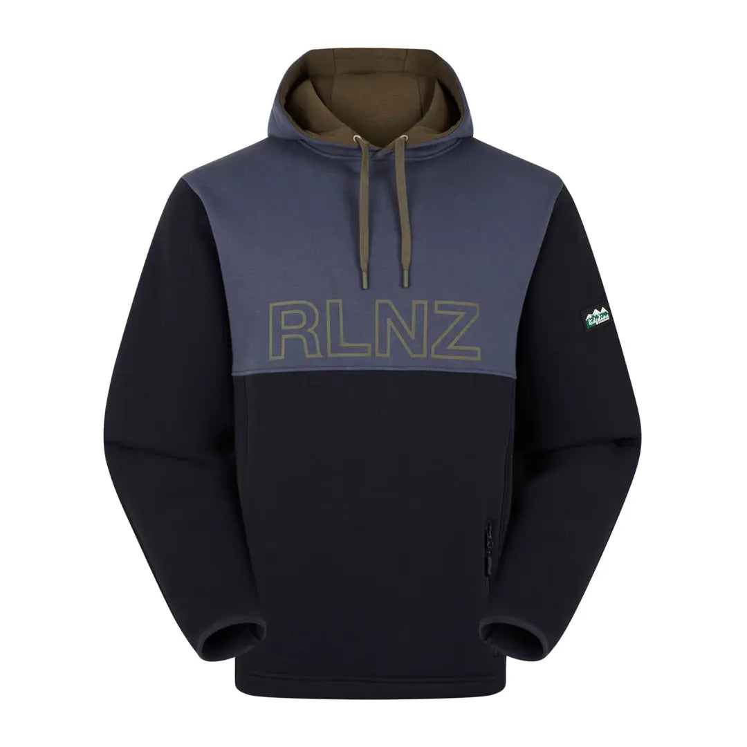 Hooded Ridgeline South Island Hoodie in navy, black, and olive with RLNZ design