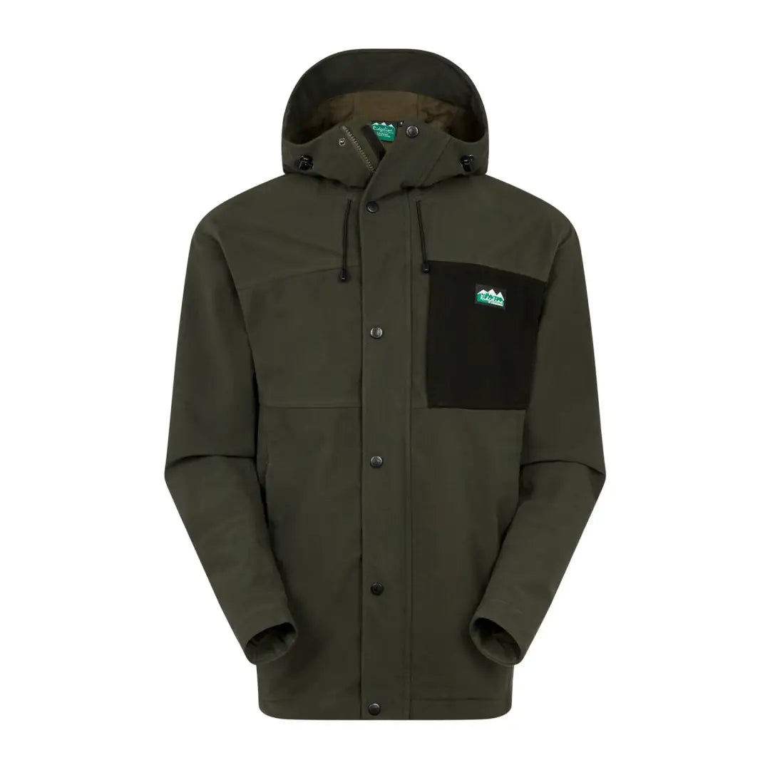 Dark green Ridgeline Tempest Jacket featuring a black chest pocket and snap button closure