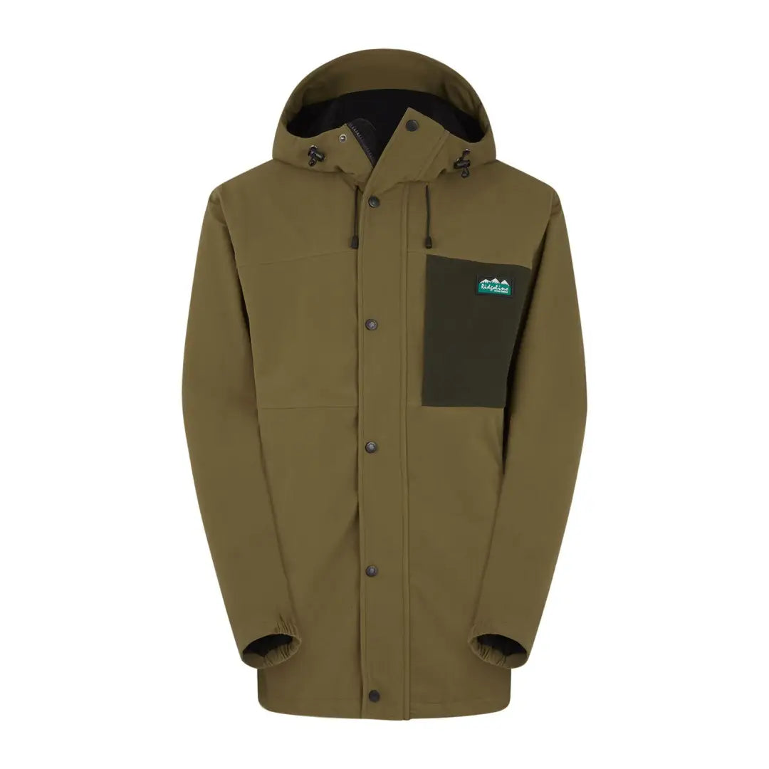 Olive green Ridgeline Tempest Jacket with black pocket and teal logo for outdoor adventures