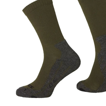 Pair of Rovince Shield Comfort Socks in olive green with dark gray soles and heel areas