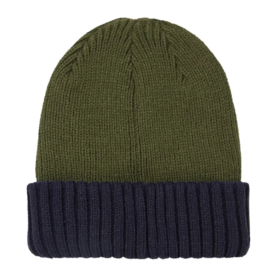 Knitted winter beanie in olive green with navy brim, perfect for cold weather adventures