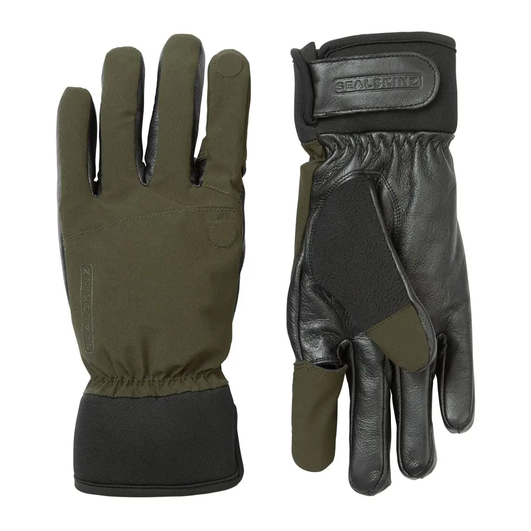 Olive green and black Sealskinz Broome Shooting Gloves with reinforced palms for hunting