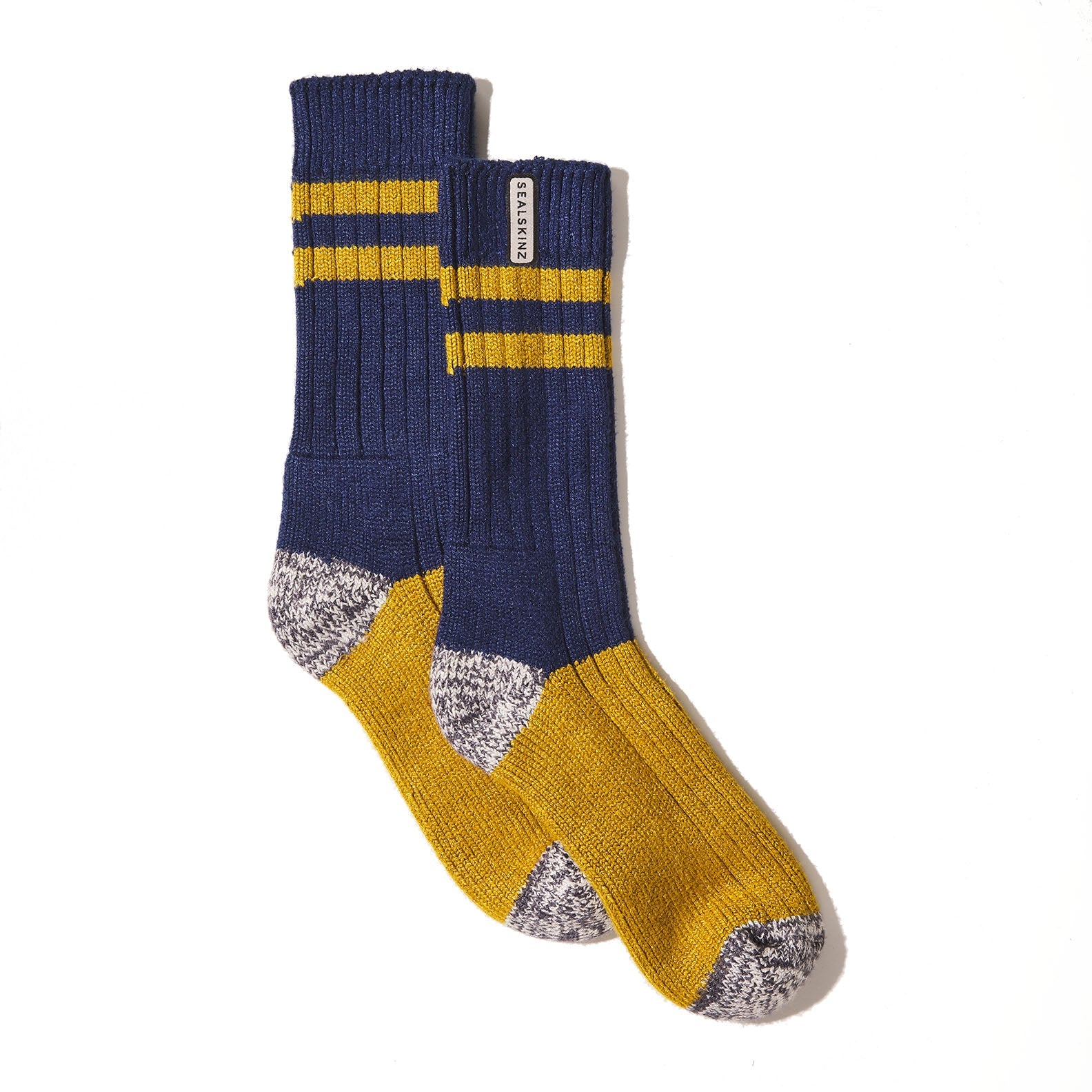 Navy and gold striped Sealskinz Cawston Socks in eco-friendly autumnal colour