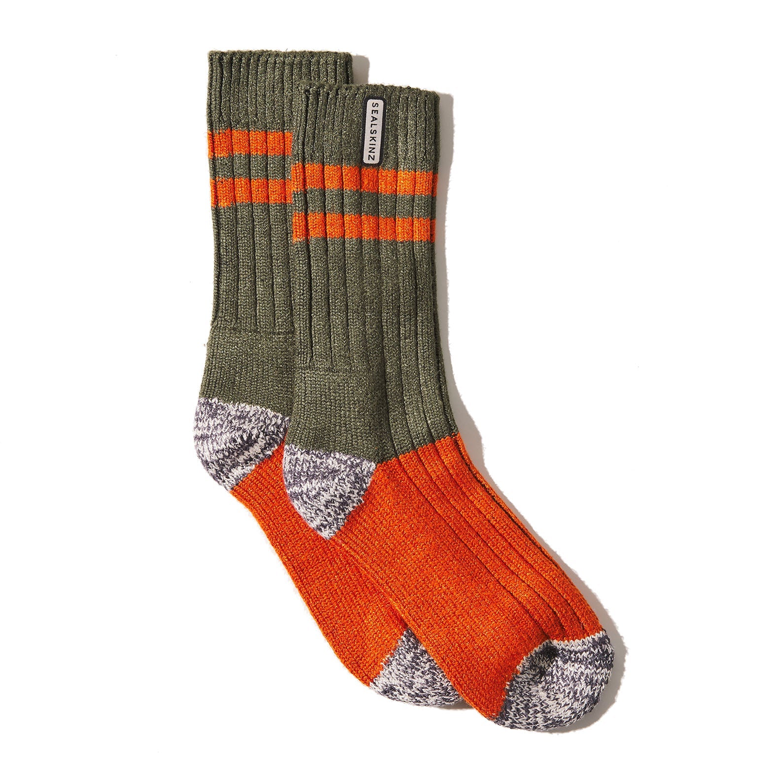 Pair of olive green and orange striped Sealskinz Cawston Socks for country clothing and outdoors