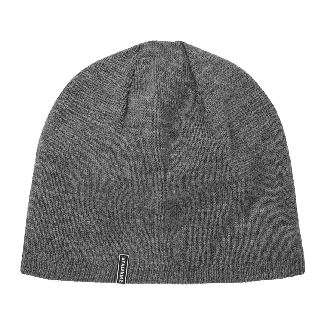 Gray knit beanie hat with tag, the perfect Sealskinz Cley Hat for any outfit