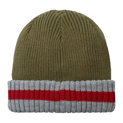 Olive green knit beanie with gray and red brim, perfect for your Sealskinz Holkham Hat