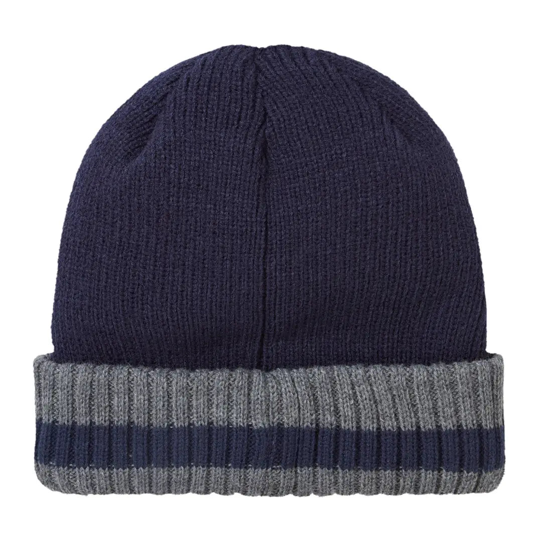 Navy blue knit beanie with gray and navy striped brim, perfect for country clothing and outdoors