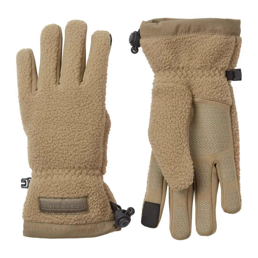 Beige fleece gloves with adjustable straps, perfect for country clothing and hunting