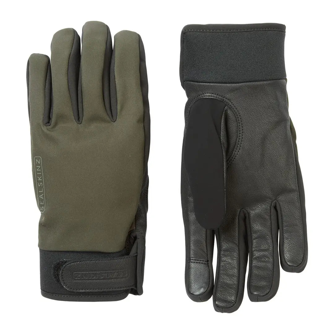 Olive green outdoor gloves with black leather palms perfect for country clothing and hunting