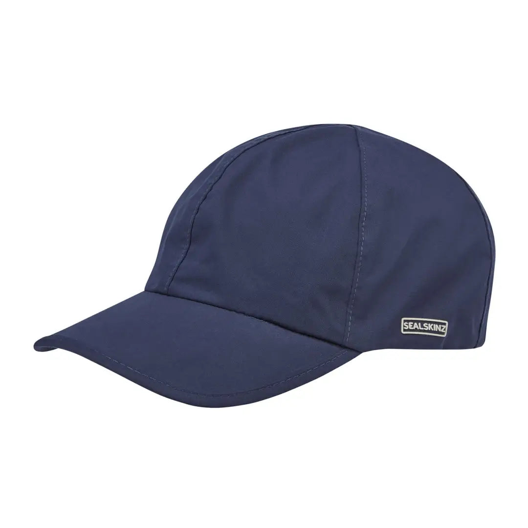 Navy blue waterproof cap made from extra-durable nylon fabric with logo tag