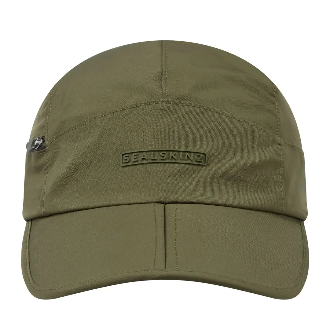 Olive green Sealskinz Mulbarton cap with embroidered logo and buckle clip closure