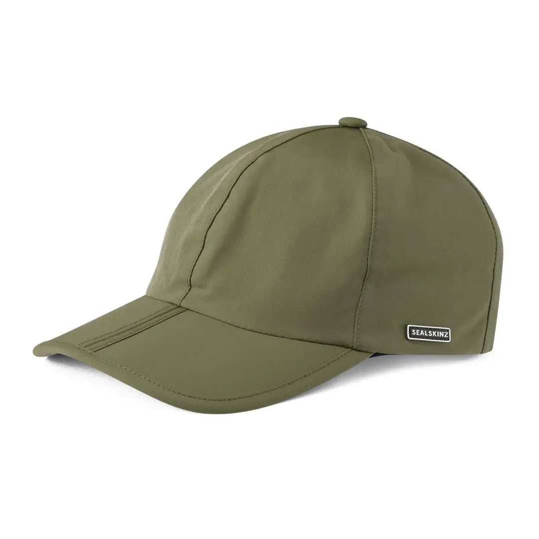 Olive green Sealskinz Salle Cap with metal tag, perfect for casual wear