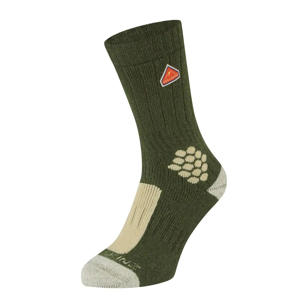 Green Sealskinz hiking sock made from recycled wool with cushioned sole and logo