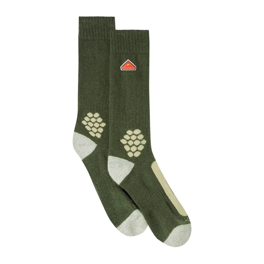 Olive green Sealskinz hiking sock made from recycled wool with light-colored accents