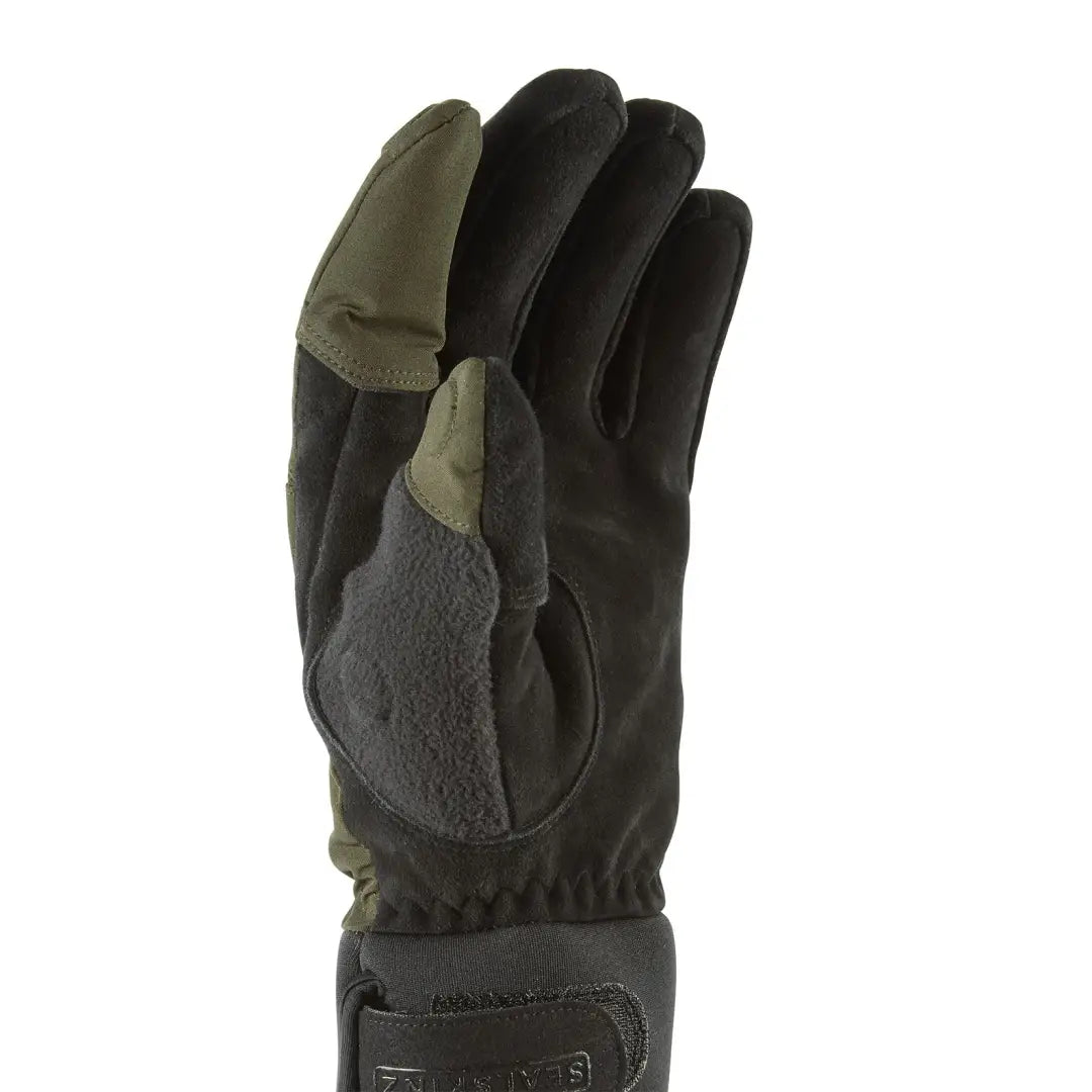 Black and olive green rugged waterproof glove with reinforced palm and fingertips