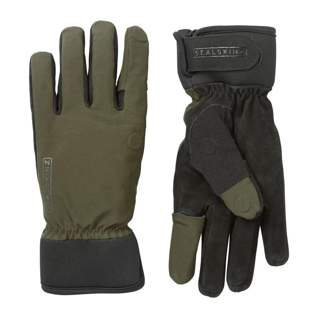 Pair of Sealskinz Stanford Sporting Gloves in olive green and black, rugged waterproof glove