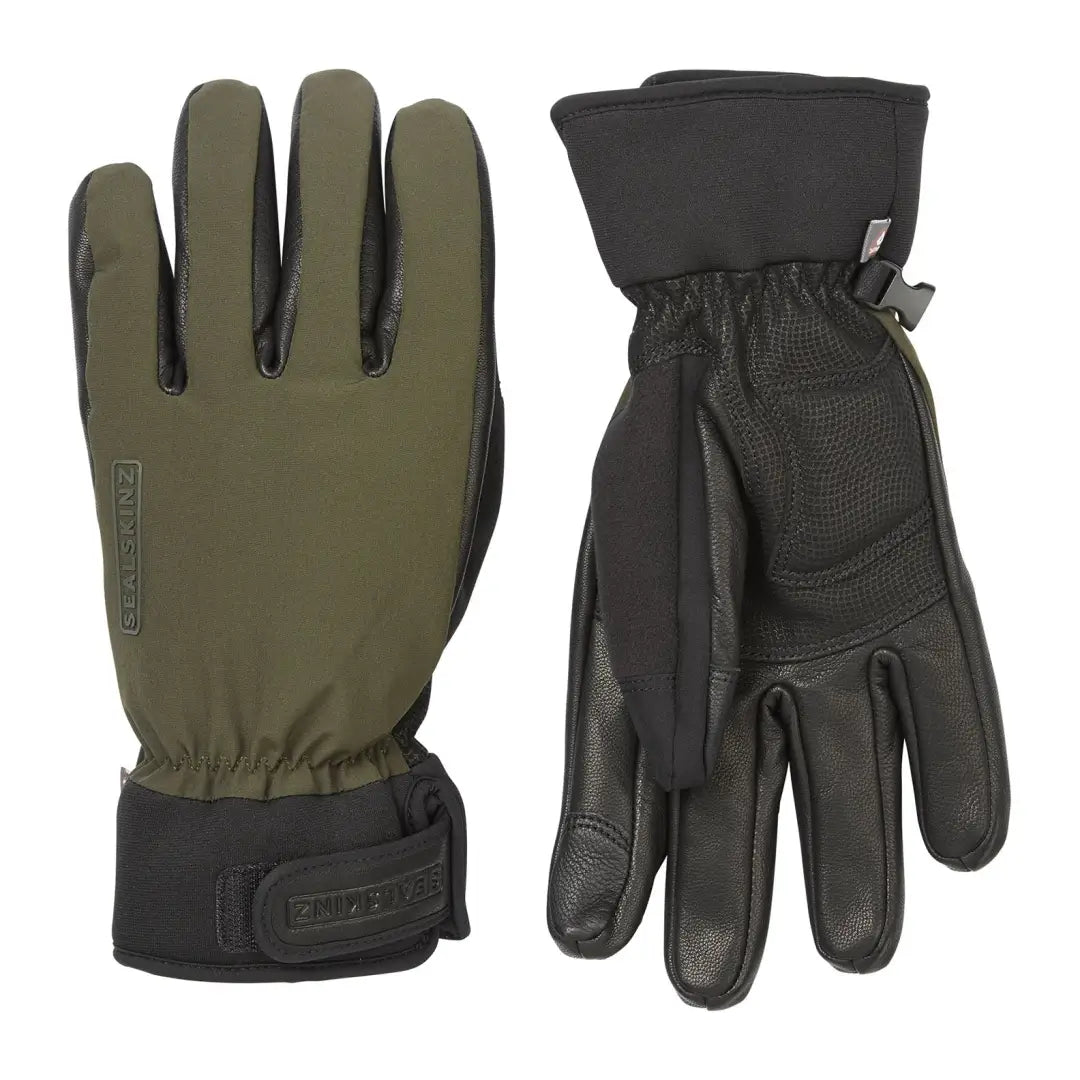 Olive green and black Sealskinz Witton Gloves, perfect for outdoor winter country clothing