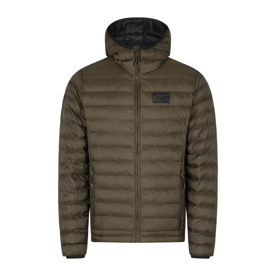 Olive green puffy Seeland Fahrenheit Jacket with hood and zipper closure for warmth