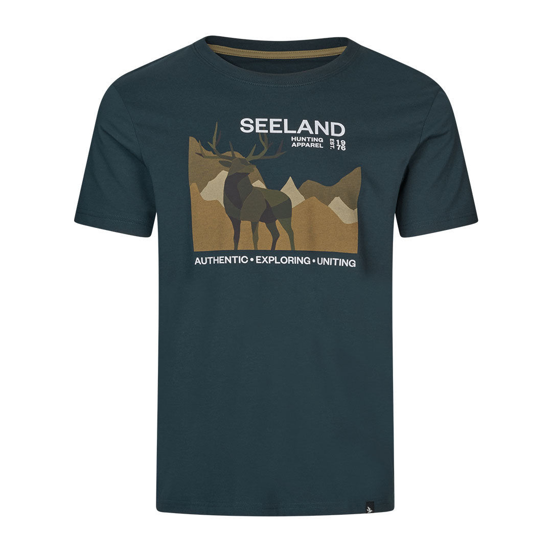 Dark teal Seeland Fragment T-Shirt with deer graphic, perfect for outdoors and hunting