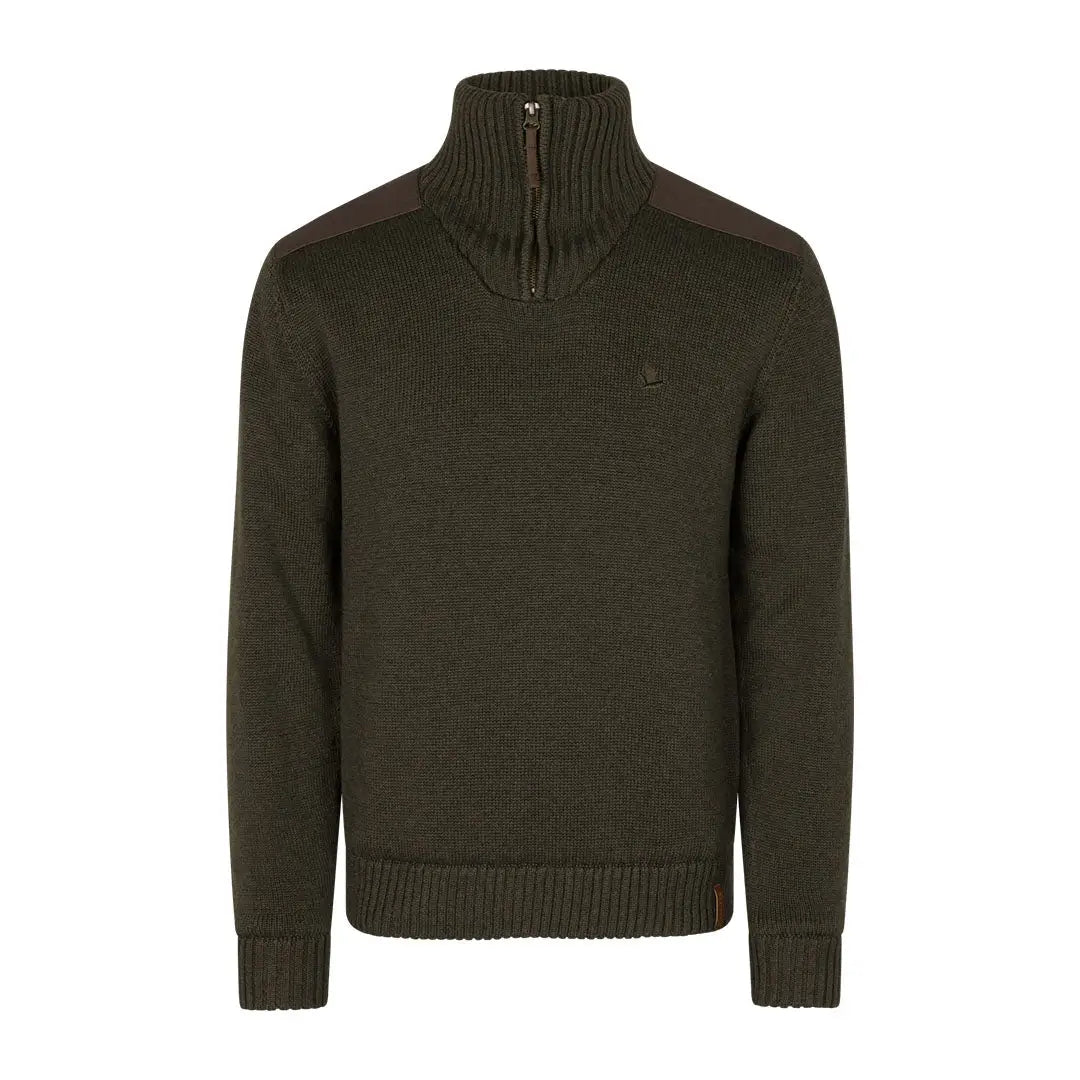 Dark green knit sweater with quarter-zip, perfect for country clothing and outdoor hunting