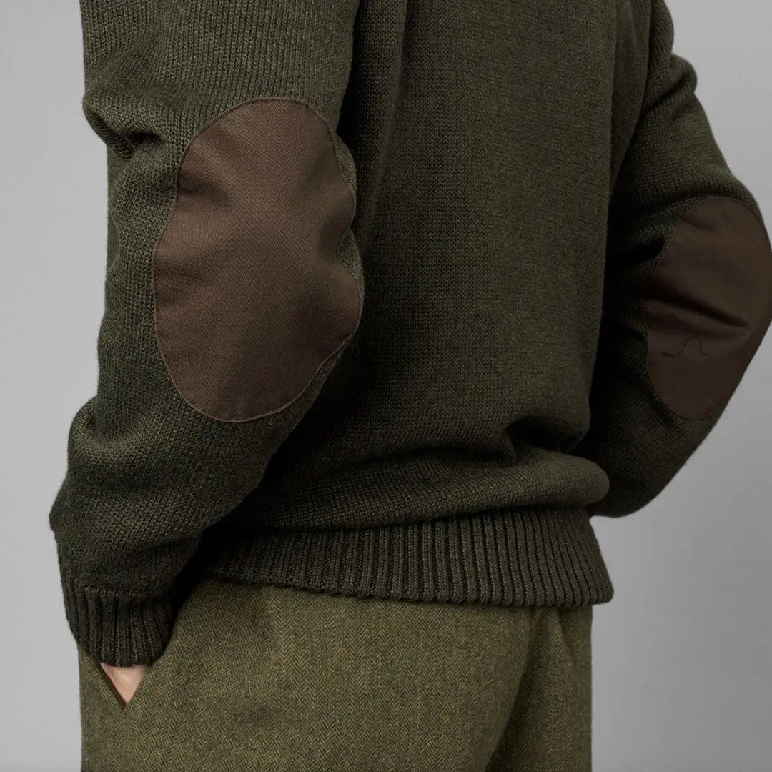 Olive green Seeland Haze Windbreaker Knit sweater with brown elbow patches for country clothing