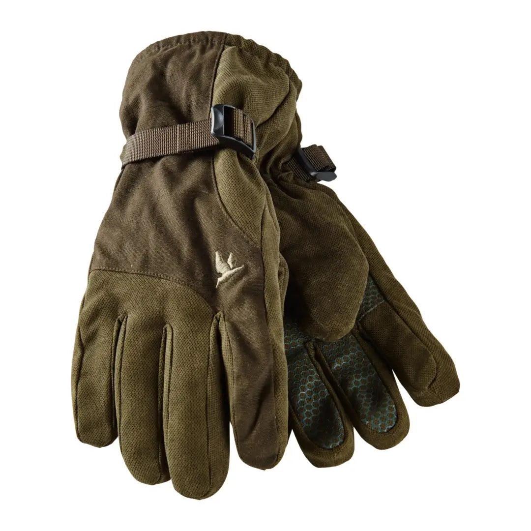 Olive green Seeland Helt Gloves with adjustable wrist straps for winter warmth