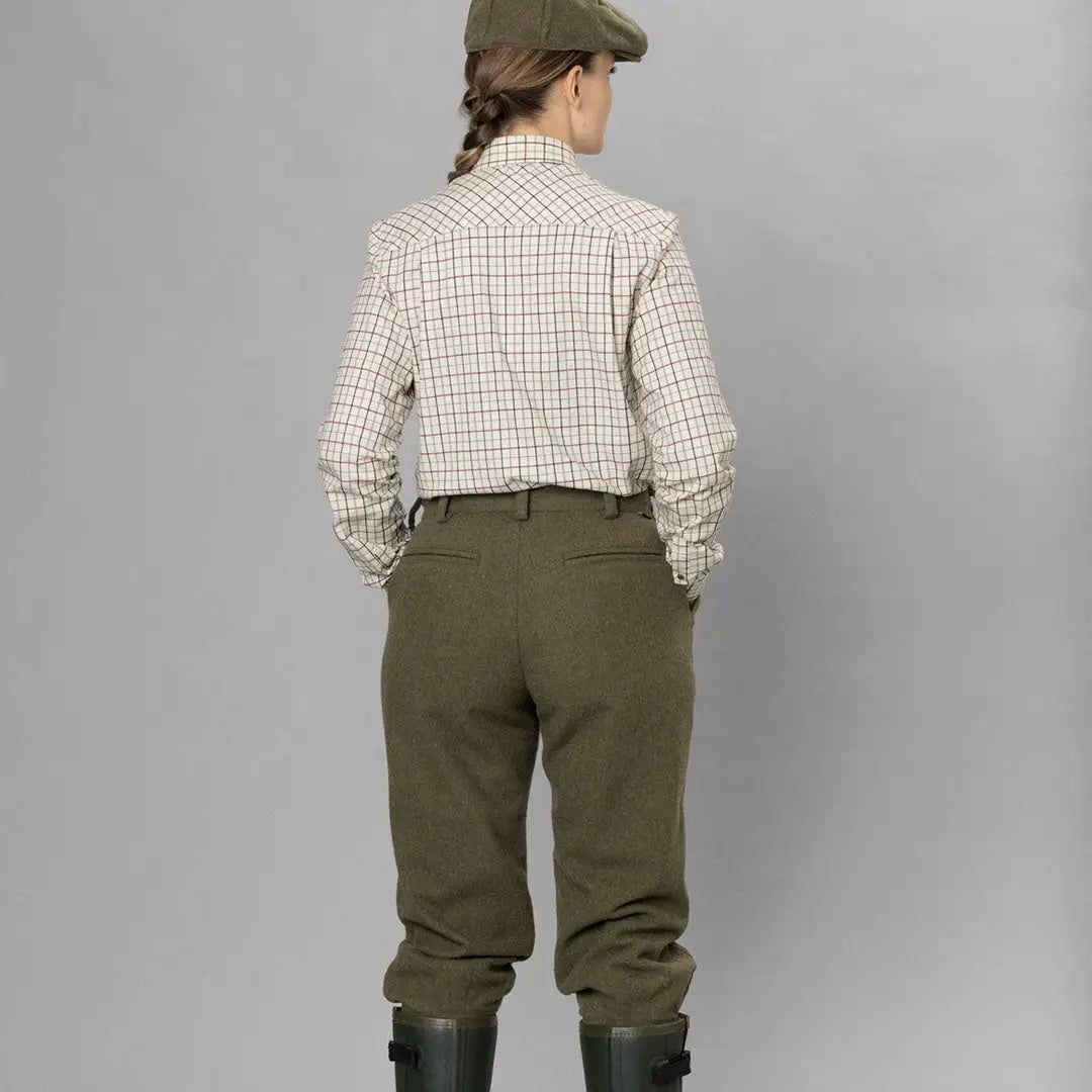 Person in olive green trousers and plaid shirt showcasing Seeland Hillside Harriet Breeks