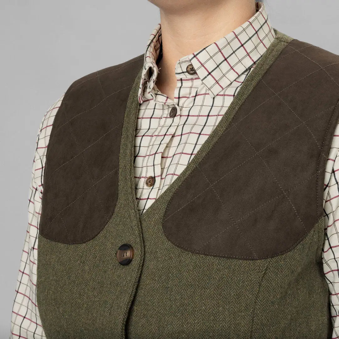 Olive green tweed Seeland Hillside Harriet Waistcoat with brown shoulder patches