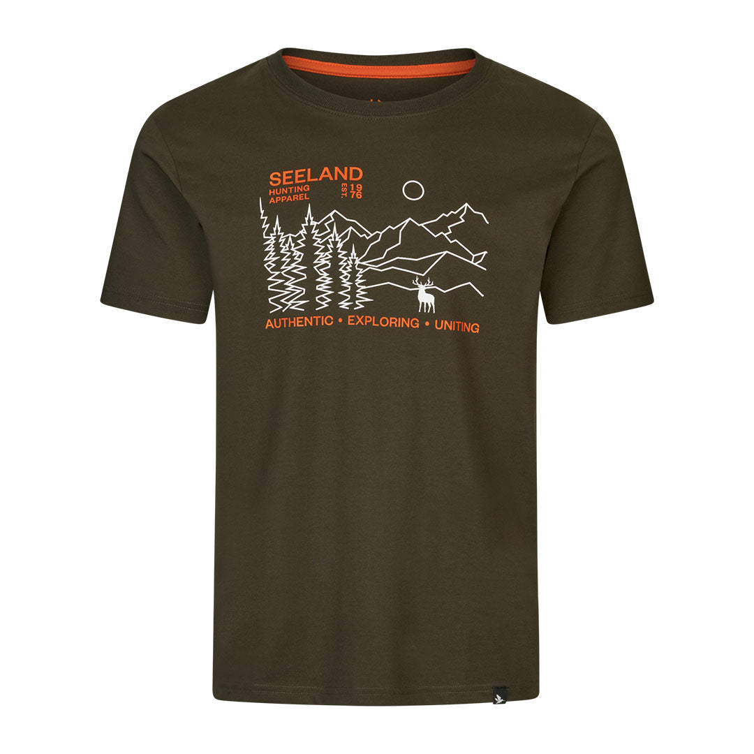 Olive green Seeland Landscape T-Shirt featuring a mountain graphic, perfect for country clothing lovers