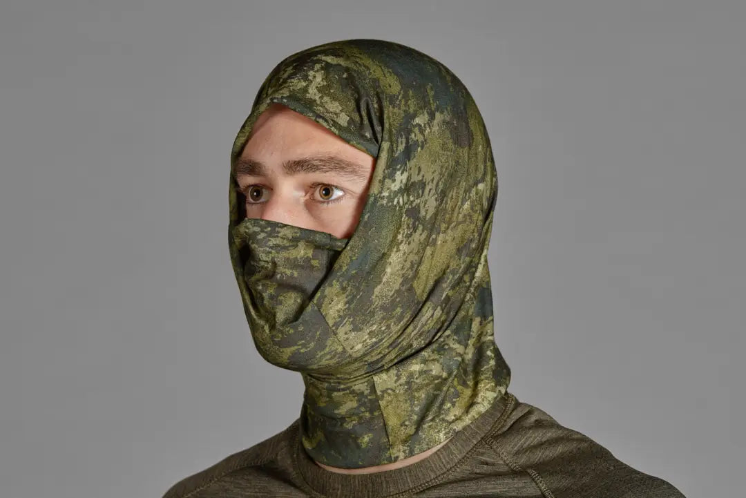 Camouflage neck gaiter 2-pack featuring green and brown woodland pattern for outdoor fun