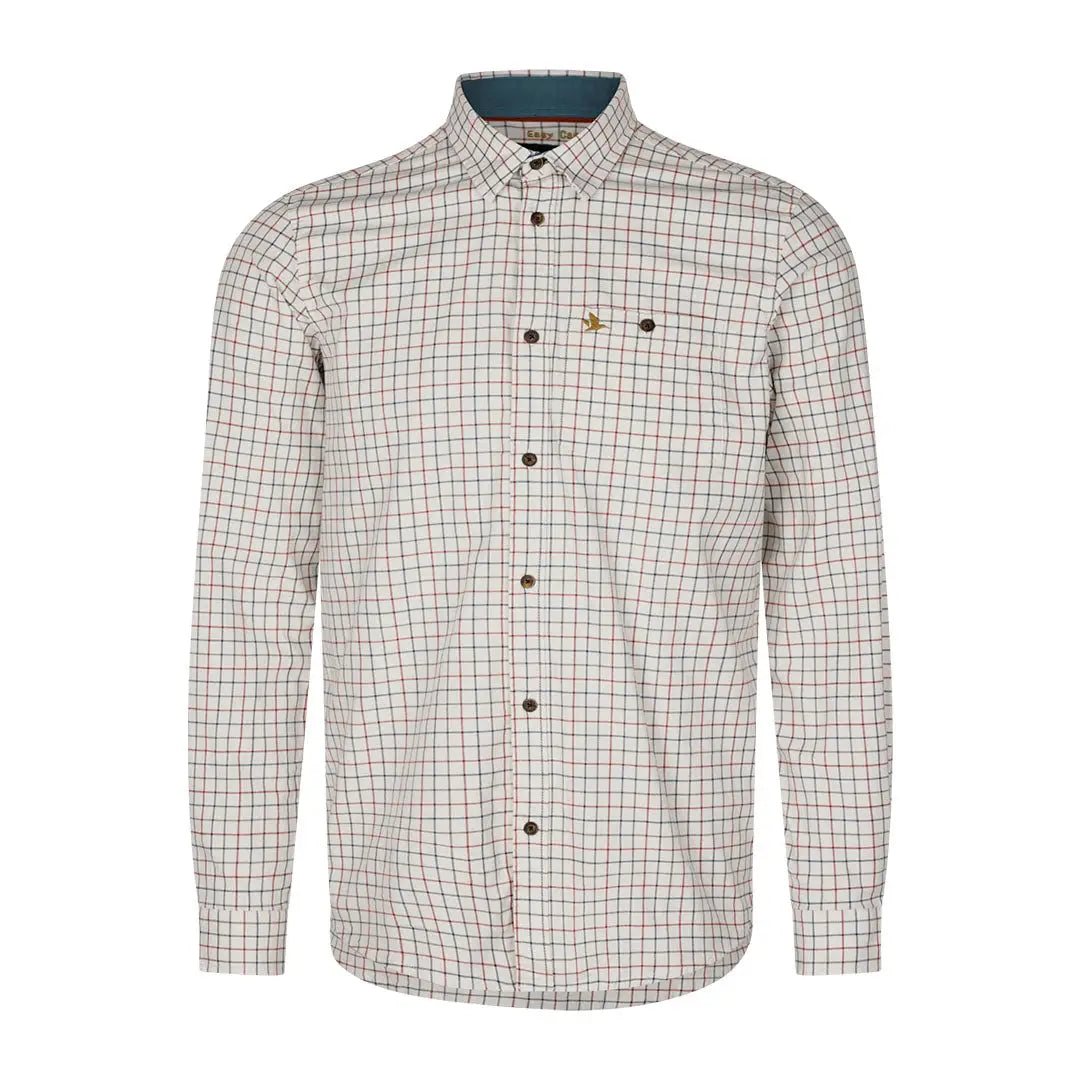 White Seeland Oxford Shooting Shirt in breathable cotton blend with brown grid pattern