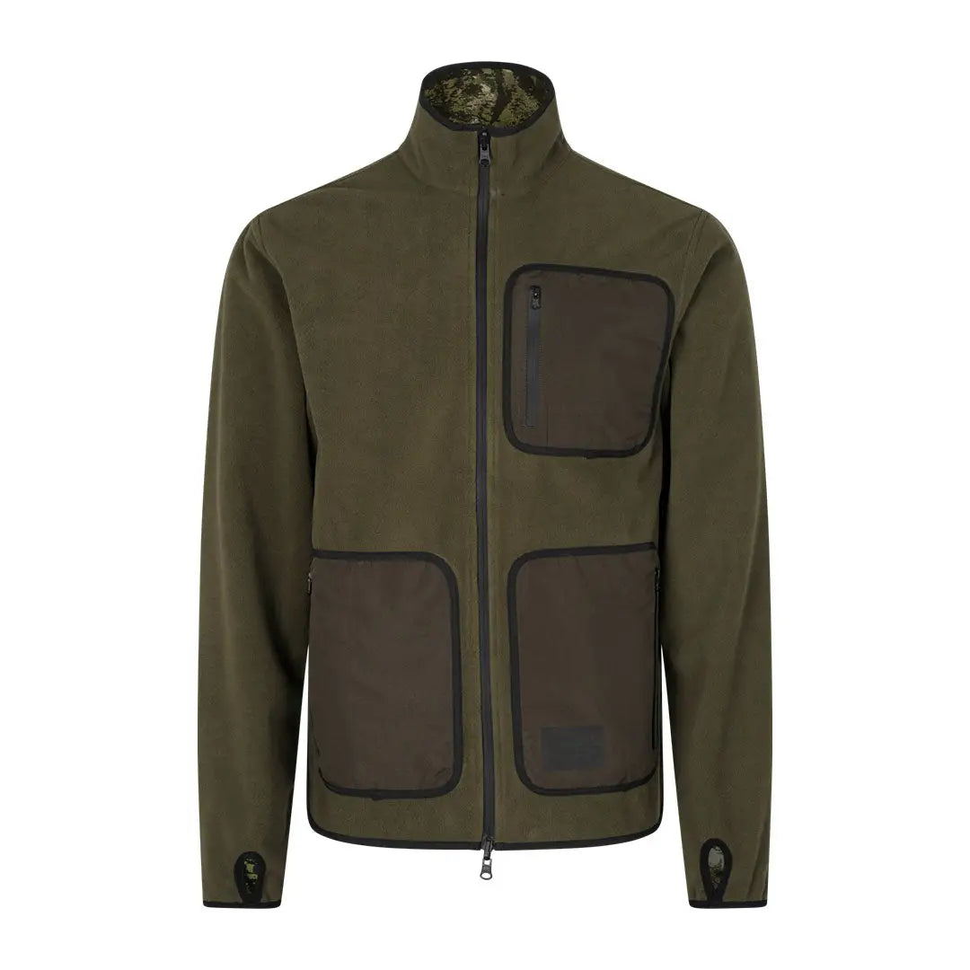 Olive green Seeland Rogue Reversible Fleece jacket with brown patch pockets