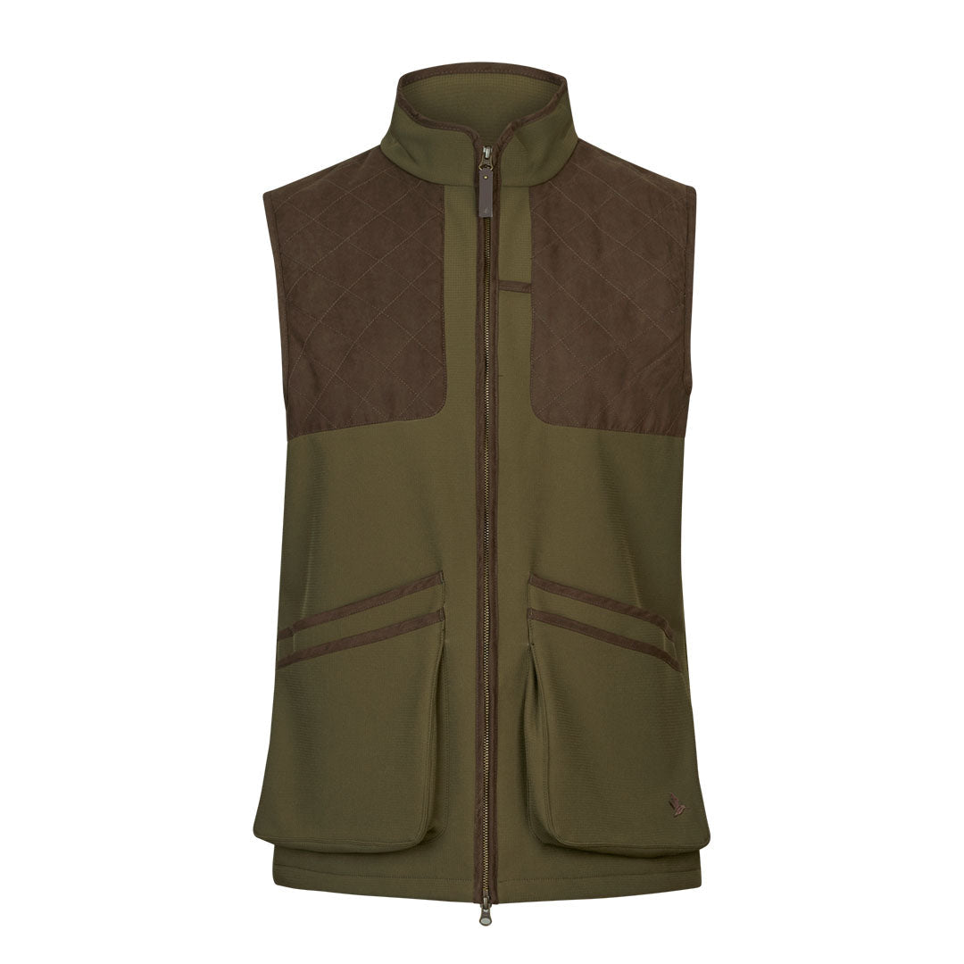 Olive green and brown shooting vest, perfect for country clothing and outdoor hunting adventures