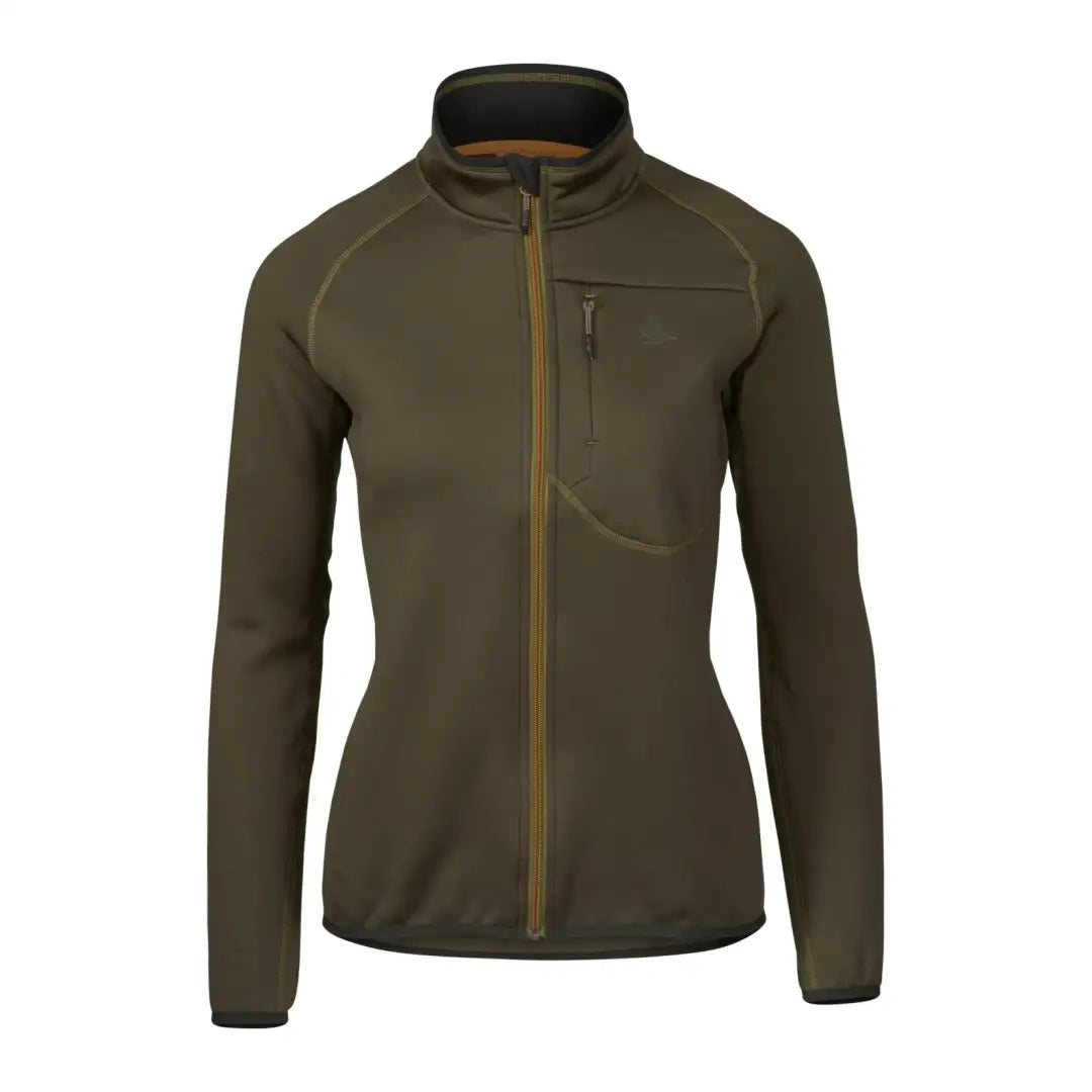 Olive green zip fleece jacket with high collar, a perfect midlayer solution for women