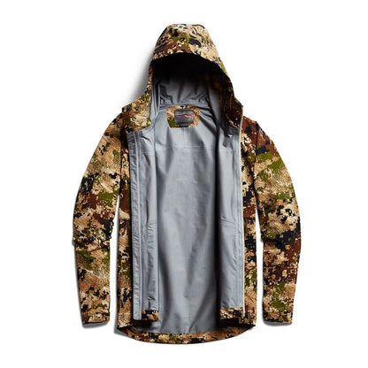 Camouflage Sitka Dew Point Jacket with hood and light gray lining for stylish outdoor wear