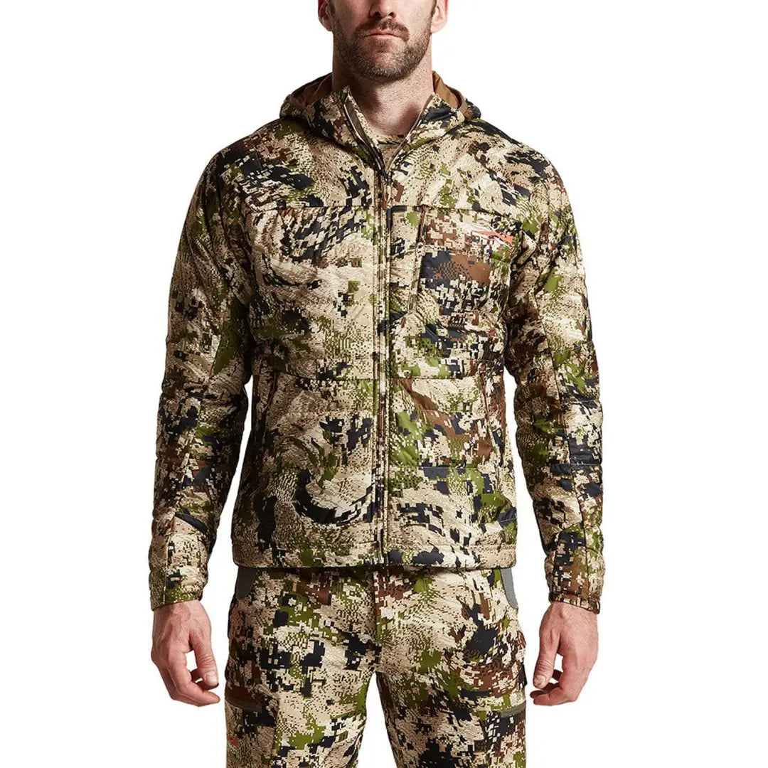 Camouflage Sitka Kelvin Aerolite Jacket for off-season scouting trips and outdoor specialization