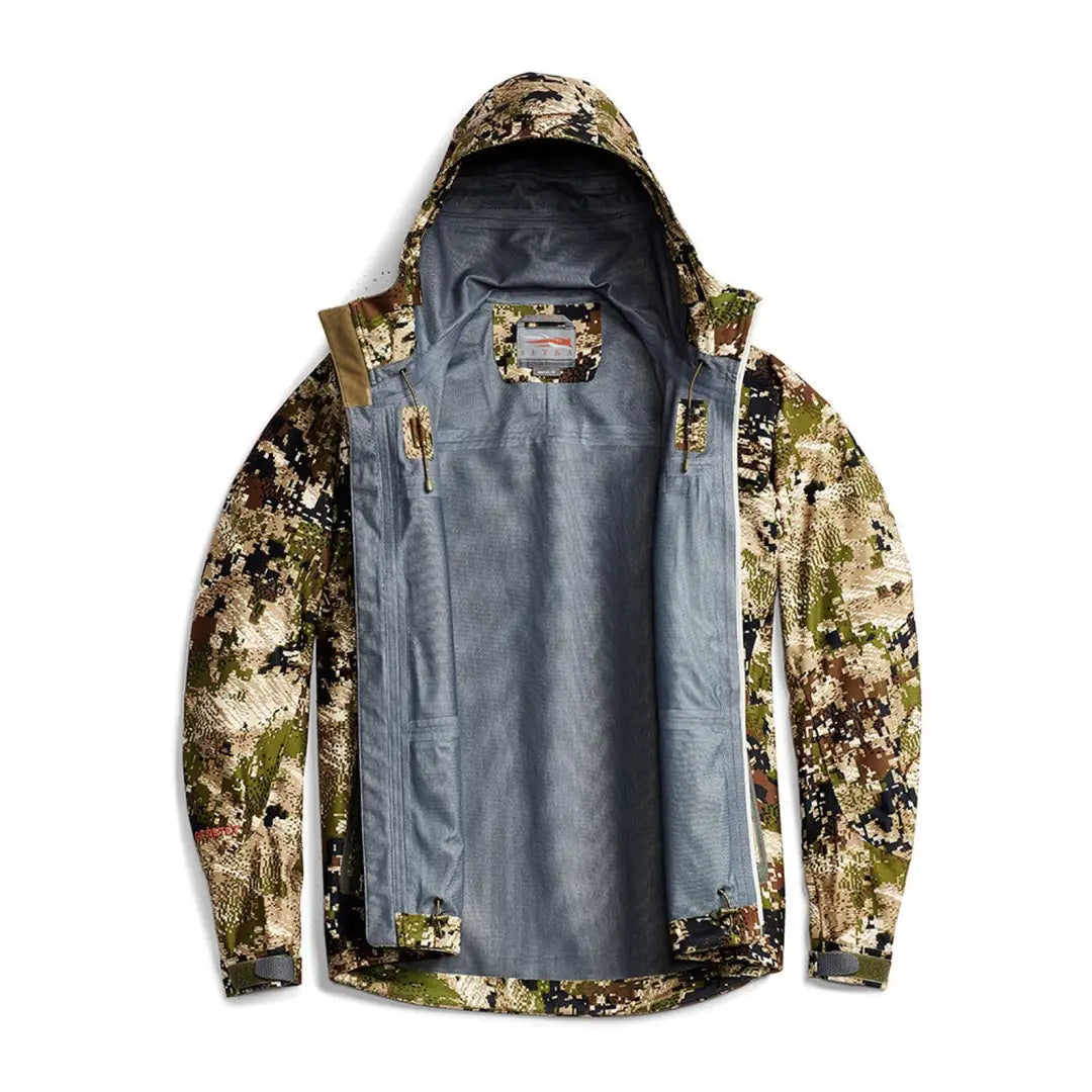 Camouflage Thunderhead Jacket with gray lining and hood for stylish country clothing hunting