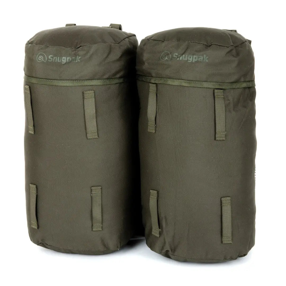 Two olive green camping storage bags with straps for the Bergen 100L Rucksack