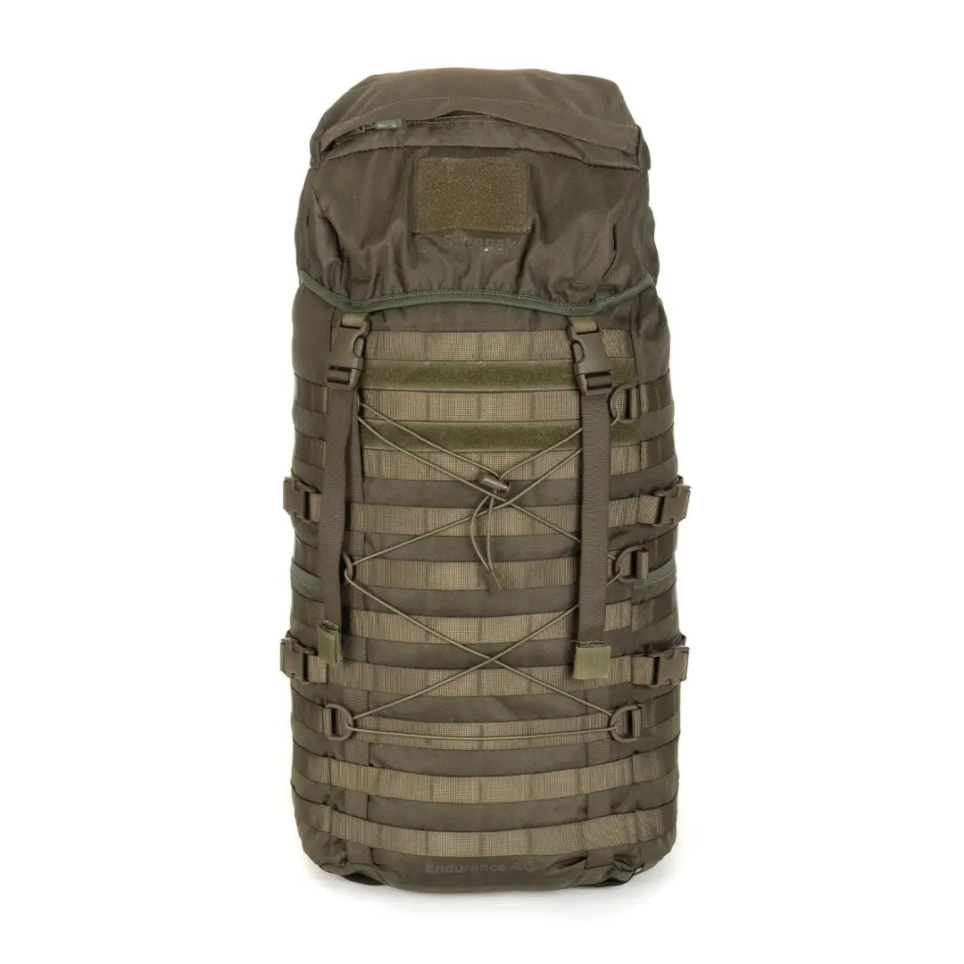 Olive green Snugpak Endurance 40L tactical backpack with straps and compartments