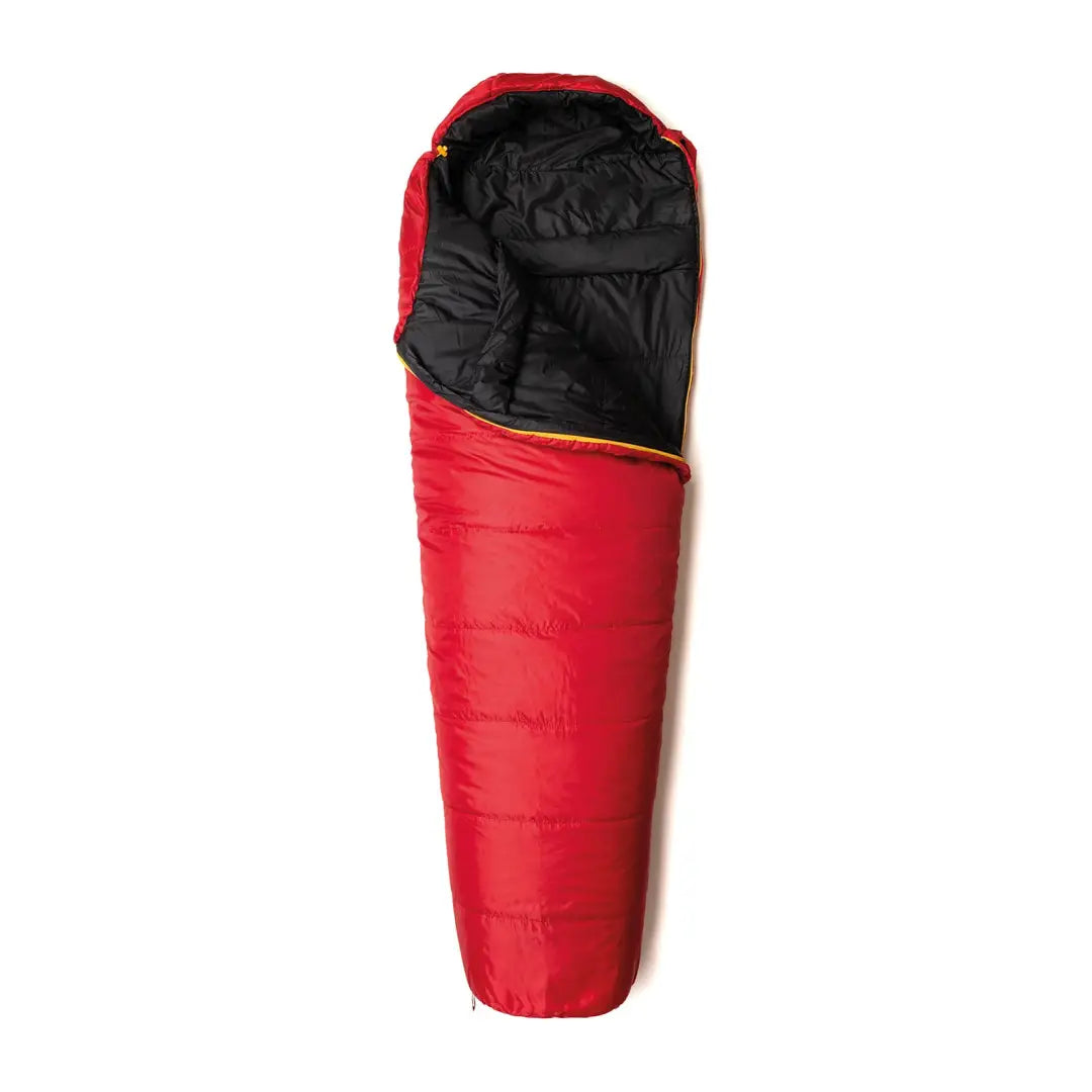 Red Snugpak sleeping bag with black lining, perfect for snuggling under city lights