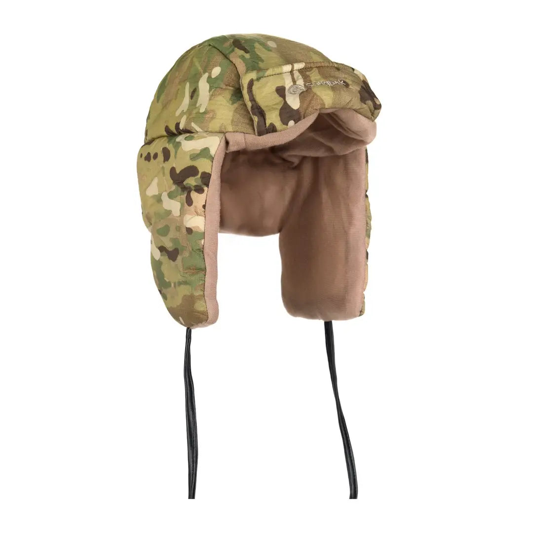 Camouflage winter hat with ear flaps and chin straps for extra warmth, perfect for Snugpak Snugnut