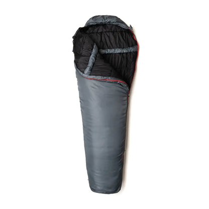 Gray Snugpak Travelpak 4 sleeping bag with black lining and built-in mosquito net