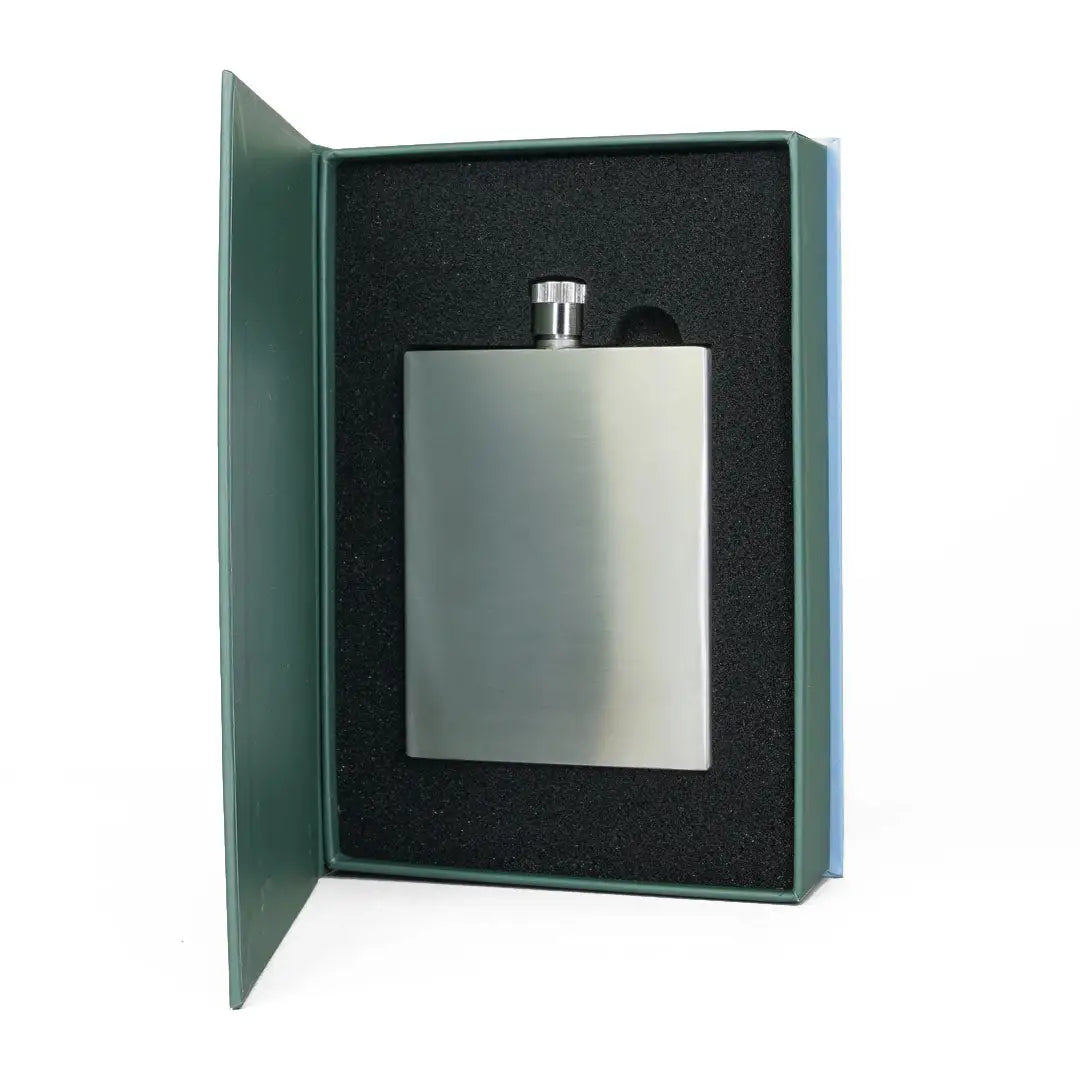 Stainless steel 3oz square hip flask in a sleek presentation box for country clothing lovers