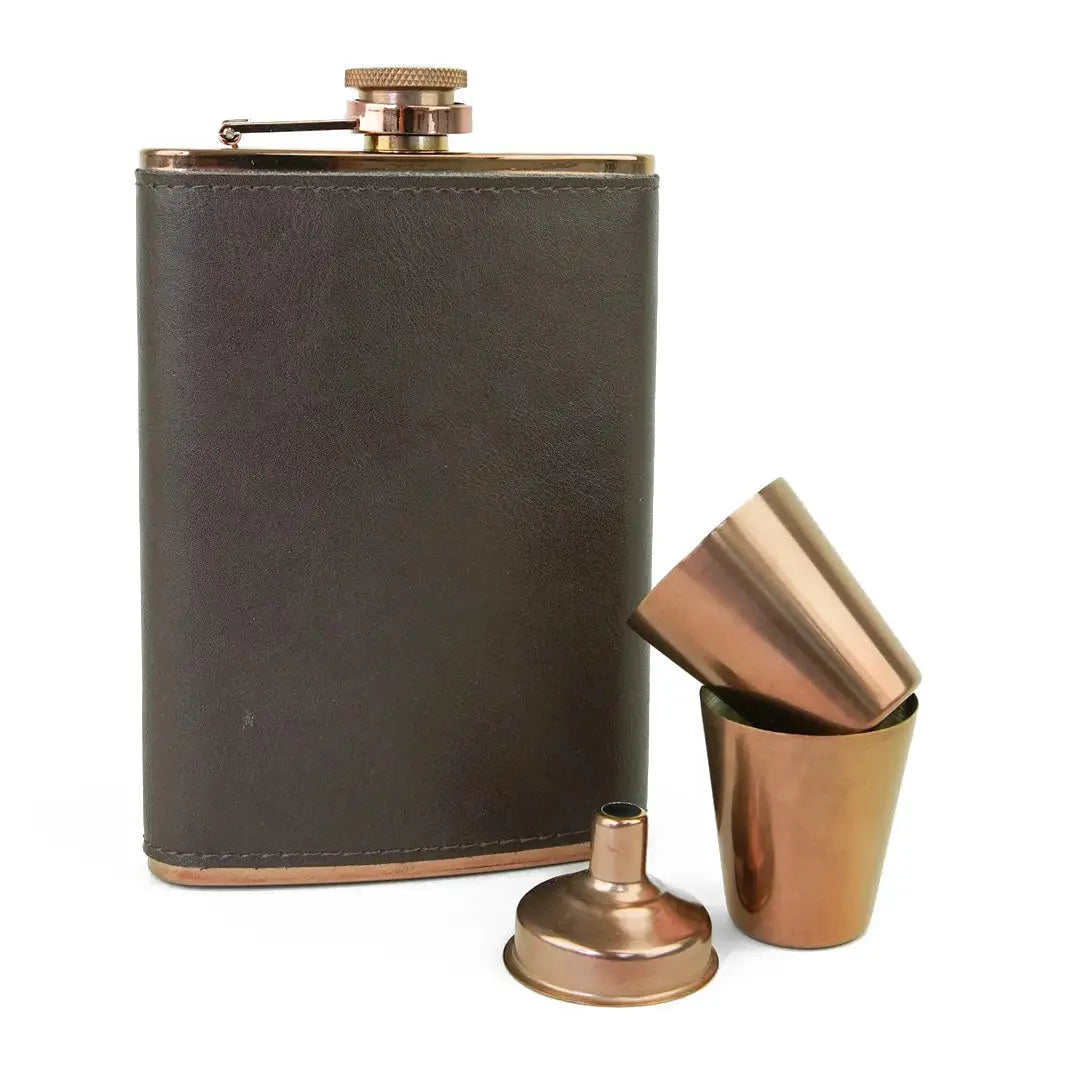 Stylish Sophos 4 Piece Copper Hip Flask Set with leather, cups, and funnel