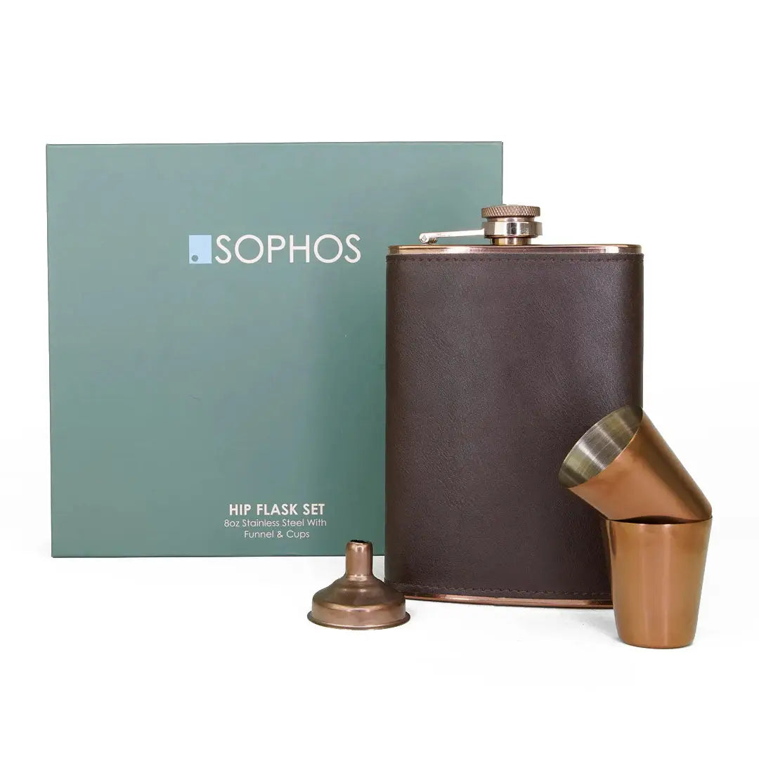 Brown leather hip flask set with funnel and shot glass, perfect copper hip flask gift