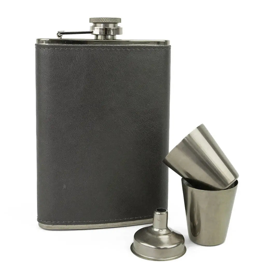 Black leather hip flask set with shot glasses, perfect for on-the-go sipping