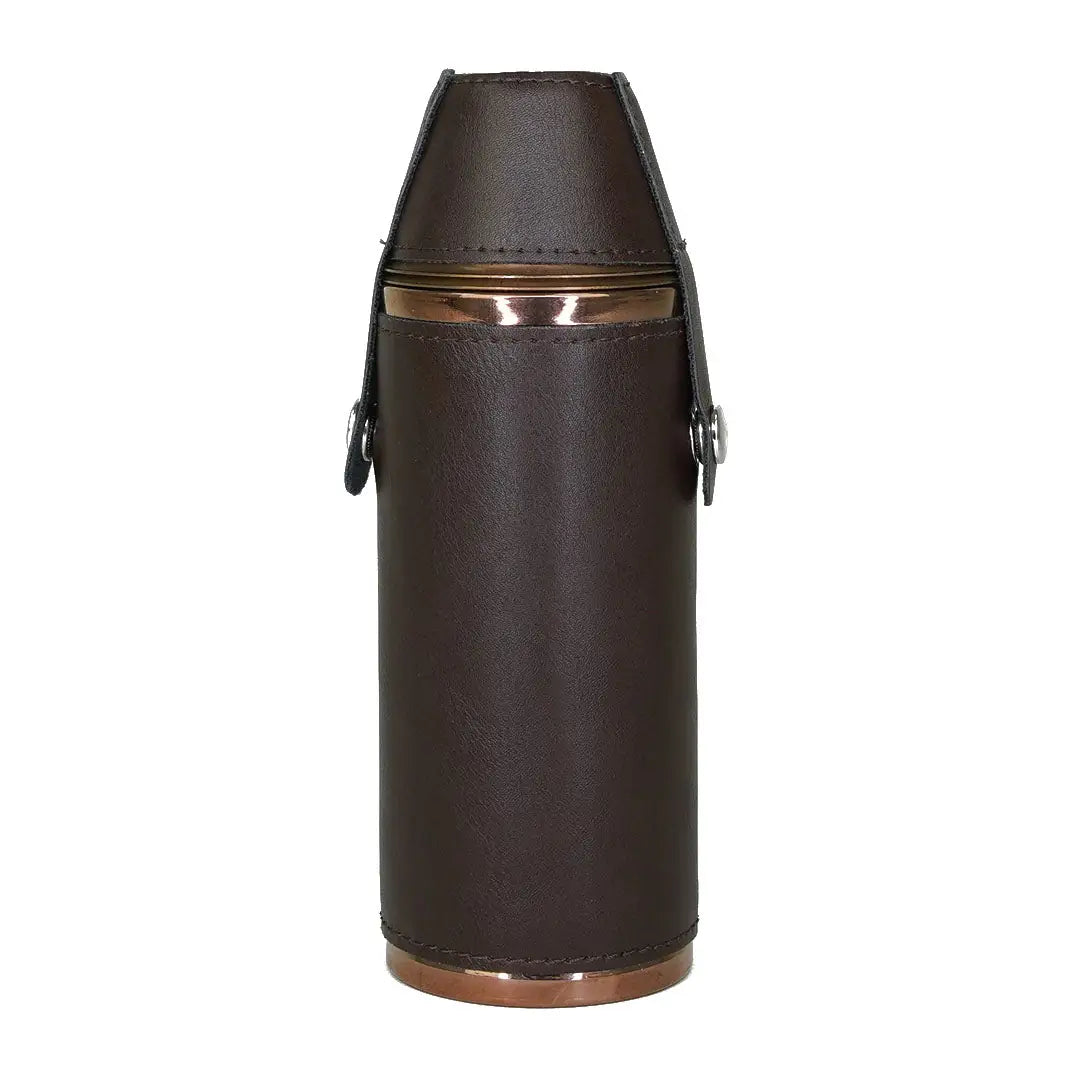 Stylish Leather-wrapped 8oz Copper Hunters Flask with cool copper accents and straps